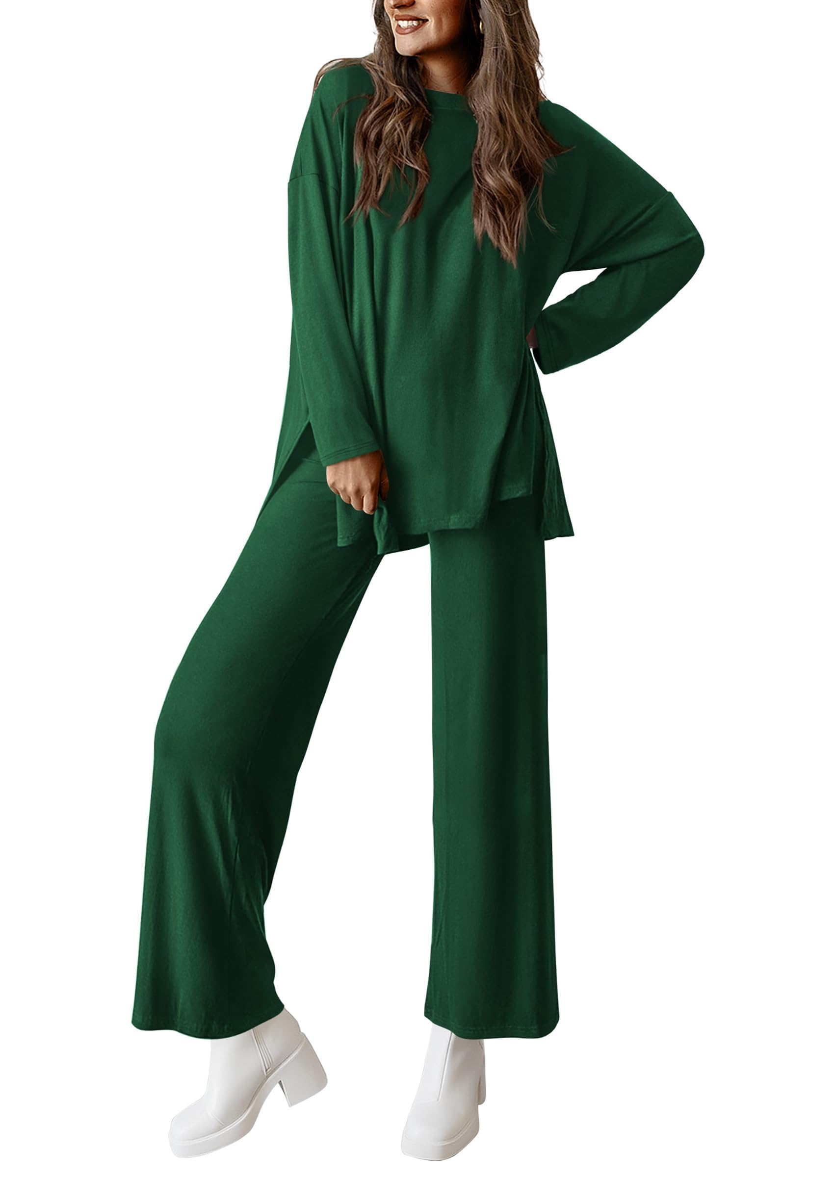 PRETTYGARDEN Women's Two Piece Lounge Sets Matching Long Sleeve Shirts Wide Leg Pants Tracksuits Travel Outfits Fall Clothes