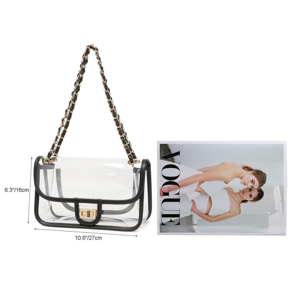 Womens PVC Clear Purse Handbag with Chain Stadium Approved Clear Bag See Through Bag for Working and Concert