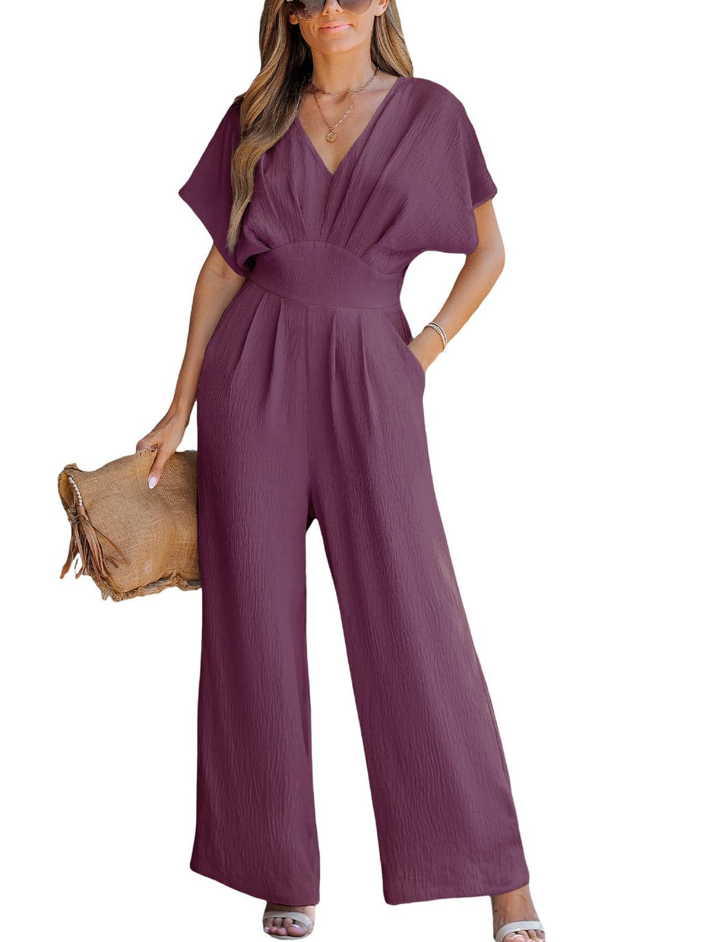 CUPSHE One Piece Jumpsuits for Women Casual Summer V Neck Batwing Sleeve Wide Leg Elegant Overalls Sexy Vacation Outfits
