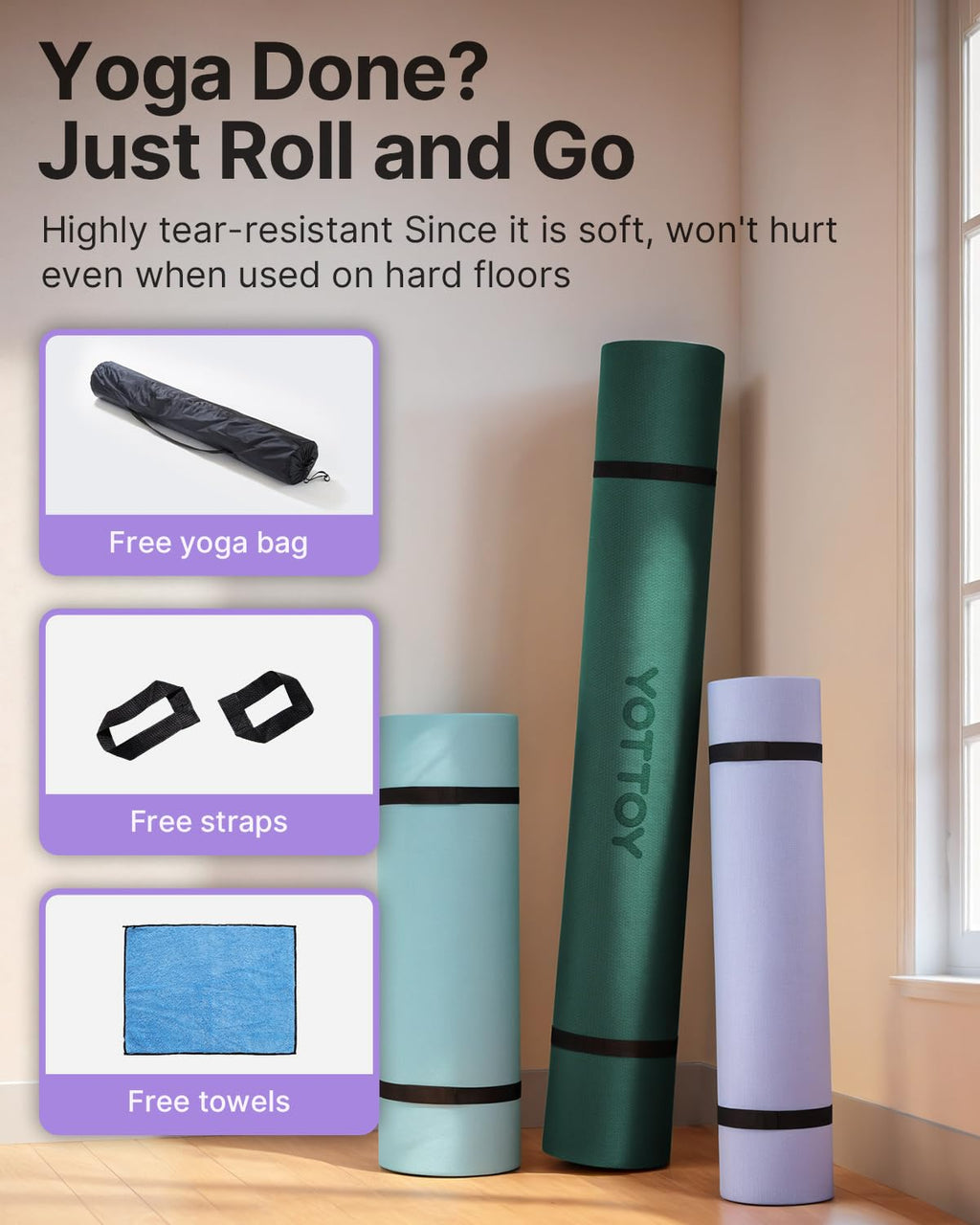 YOTTOY Large Yoga Mat (75 * 52 * 1/2inch),Extra Wide TPE Exercise Mat,Non-Slip Workout Mat for Pilates, Fitness, Barefoot, Home Gym Studio with Strap and Towel