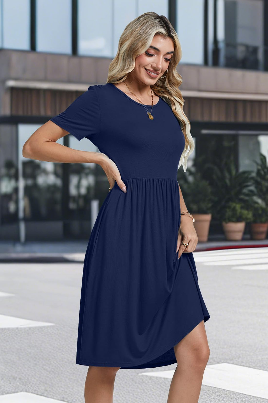 Womens Short Sleeve Empire Waist Dresses Casual Summer Dress with Pockets