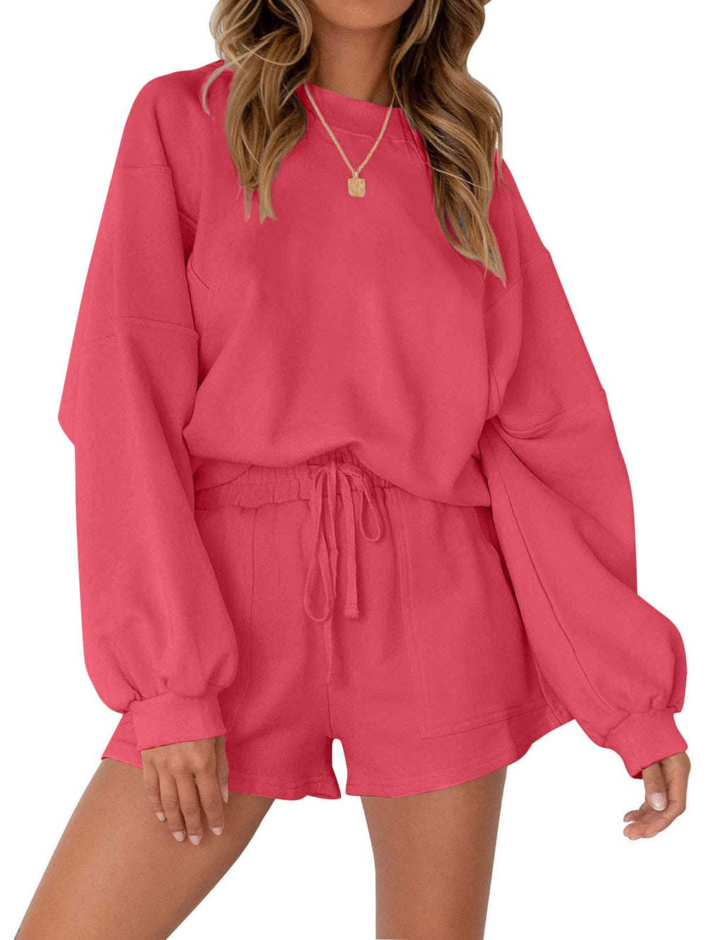 MEROKEETY 2026 Spring Lounge Sets for Women Oversized Batwing Sleeve Casual Top and Shorts 2 Piece Outfits Sweat Set