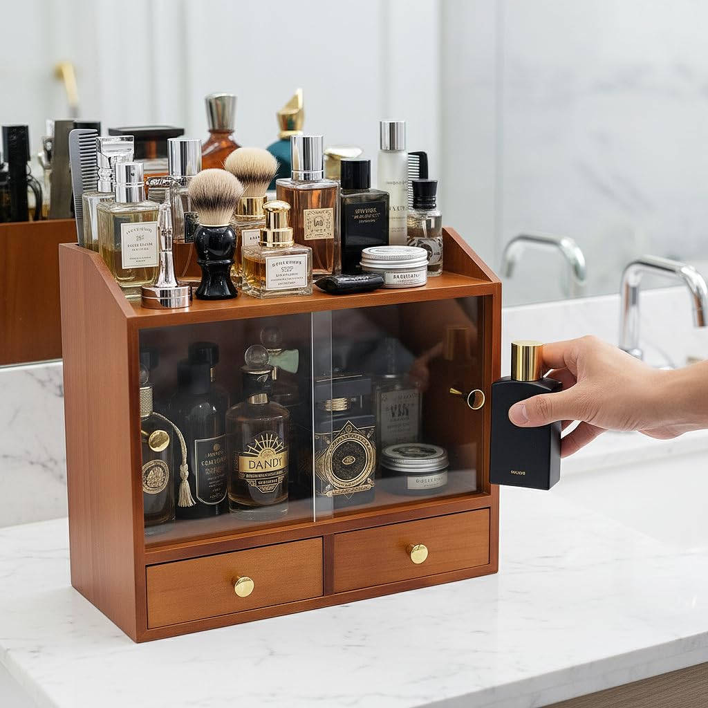 Wooden Cologne Organizer for Men 3 Tier | Black Perfume Holder Shelf for Dresser | High Grade Velvet Lining and Stylish Gift Box | Uncluttered Design Perfume Display Stand