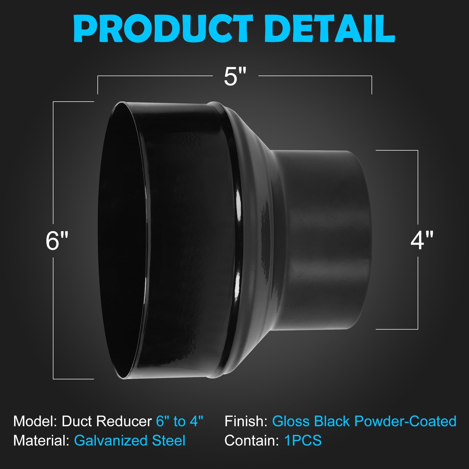 Duct Reducter 6 to 4 Air Ducting Reducer Increaser Air Duct Adapter or Round Metal Pipe Reducer for Bathroom Kitchen Ventilation Systems - Black