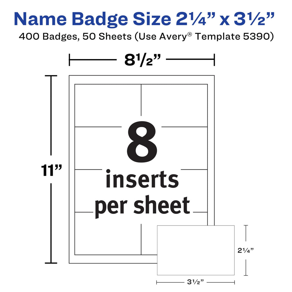 Avery Customizable Name Badge Inserts, 2.25" x 3.5", White, 400 Printable Name Tag Inserts (5390), Pack of 5