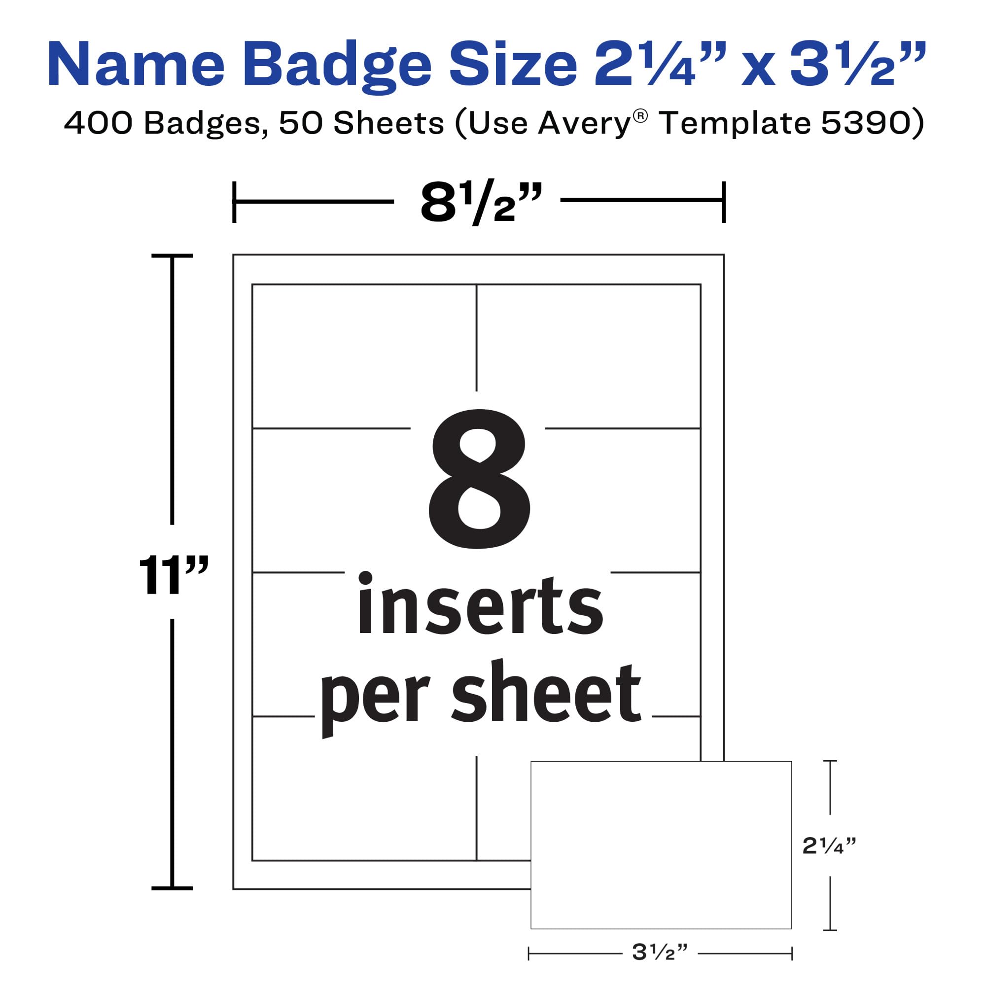 Avery Customizable Name Badge Inserts, 2.25" x 3.5", White, 400 Printable Name Tag Inserts (5390), Pack of 5