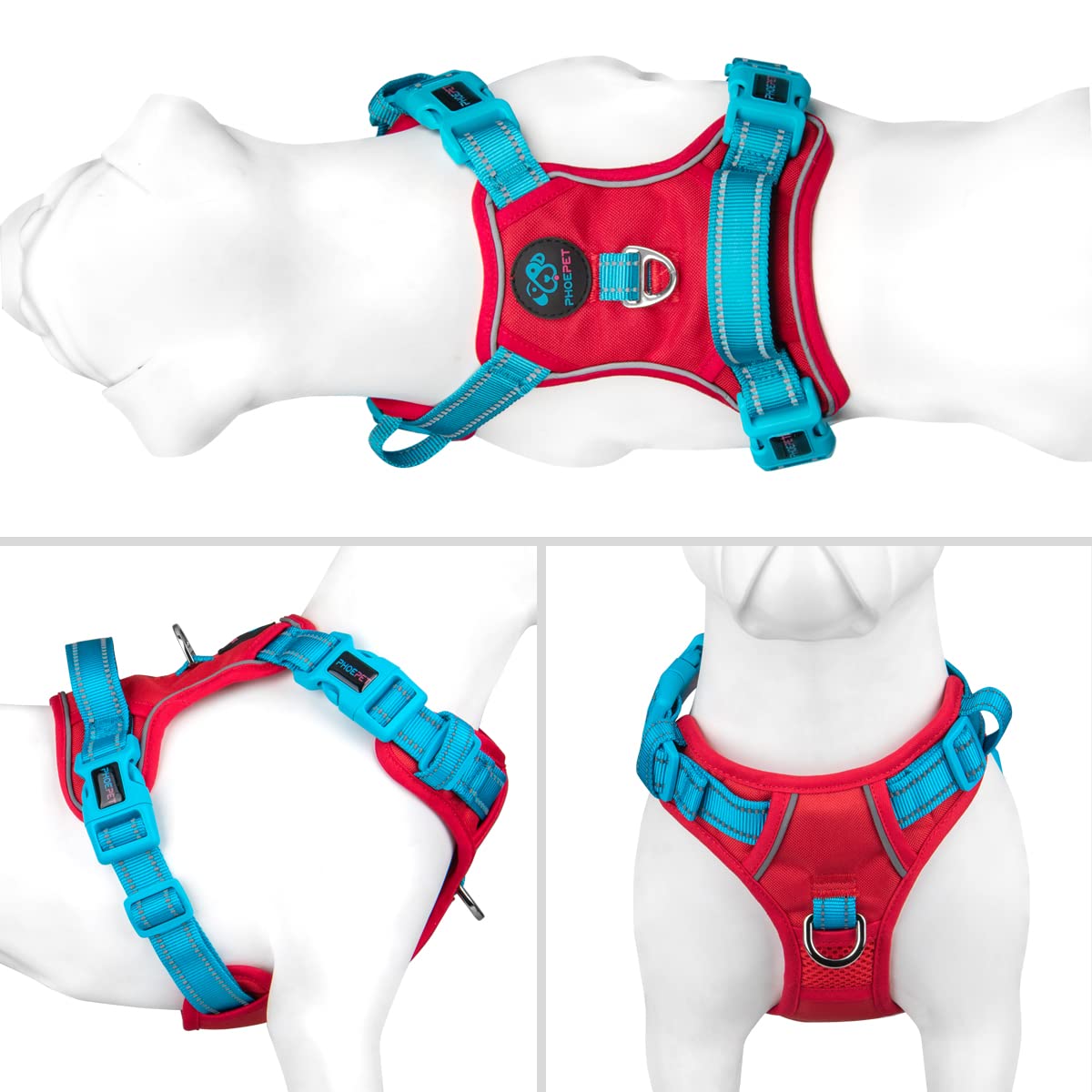PHOEPET No Pull Dog Harness, Unique Colors Reflective Adjustable Dog Vest, with Soft Training Handle Metal Clips for Small Medium Large Dogs (Baby Blue Base & Pink Straps,S)