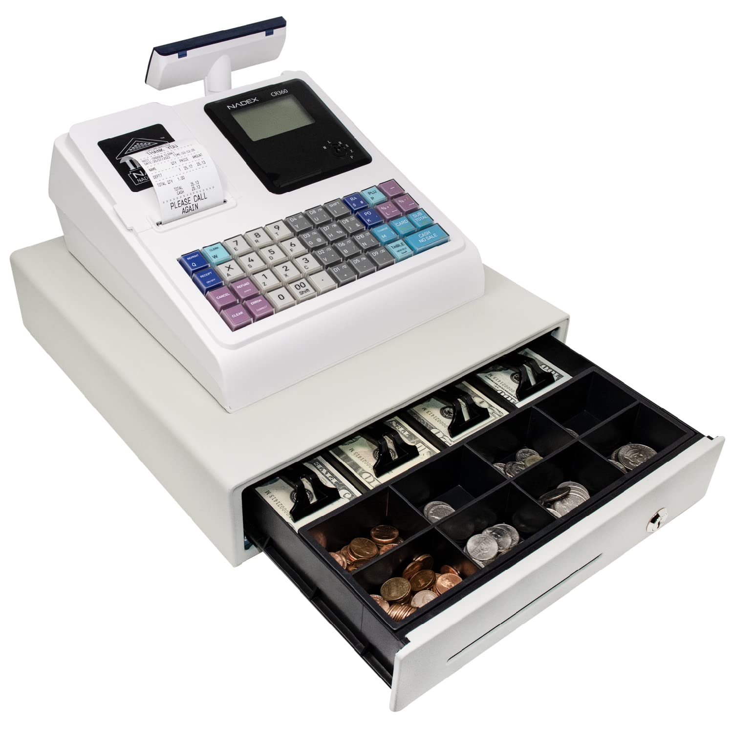 Nadex CR360 Cash Register, 4700 Lookups 50 Dept 50 Clerks, Quick Load Thermal Printer, Compact Size, Cash and Coin Drawer, Black