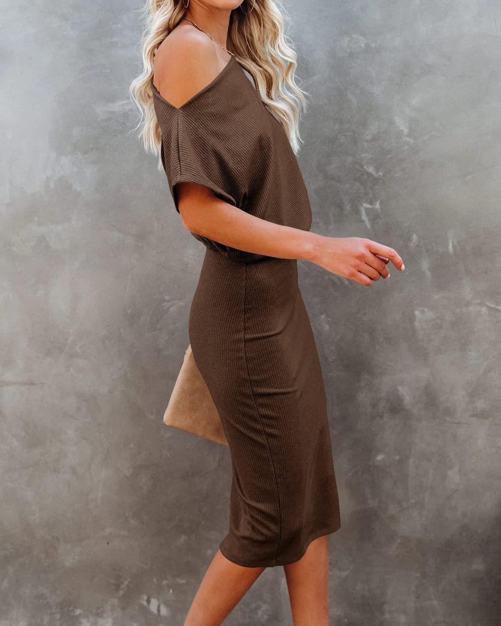 EZBELLE Women's Summer Dress Off The Shoulder Short Sleeve Ribbed Casual Party Bodycon Midi Dresses