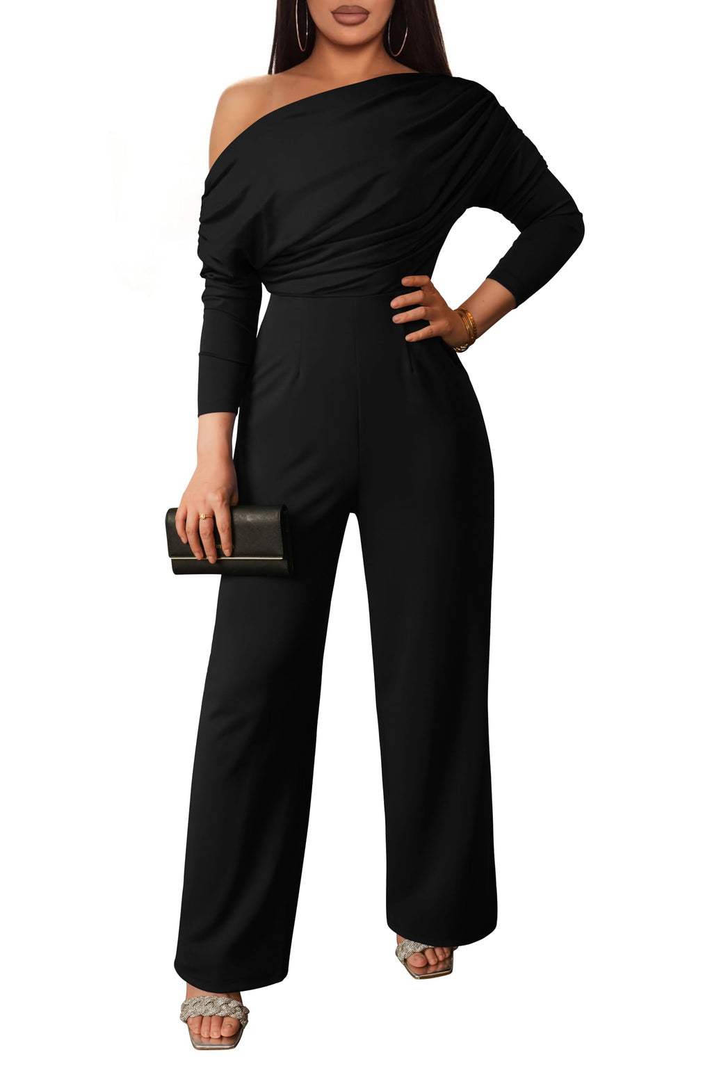 YMDUCH Women's Fall Elegant Long Sleeve Off Shoulder Wide Leg Long Pant Jumpsuits