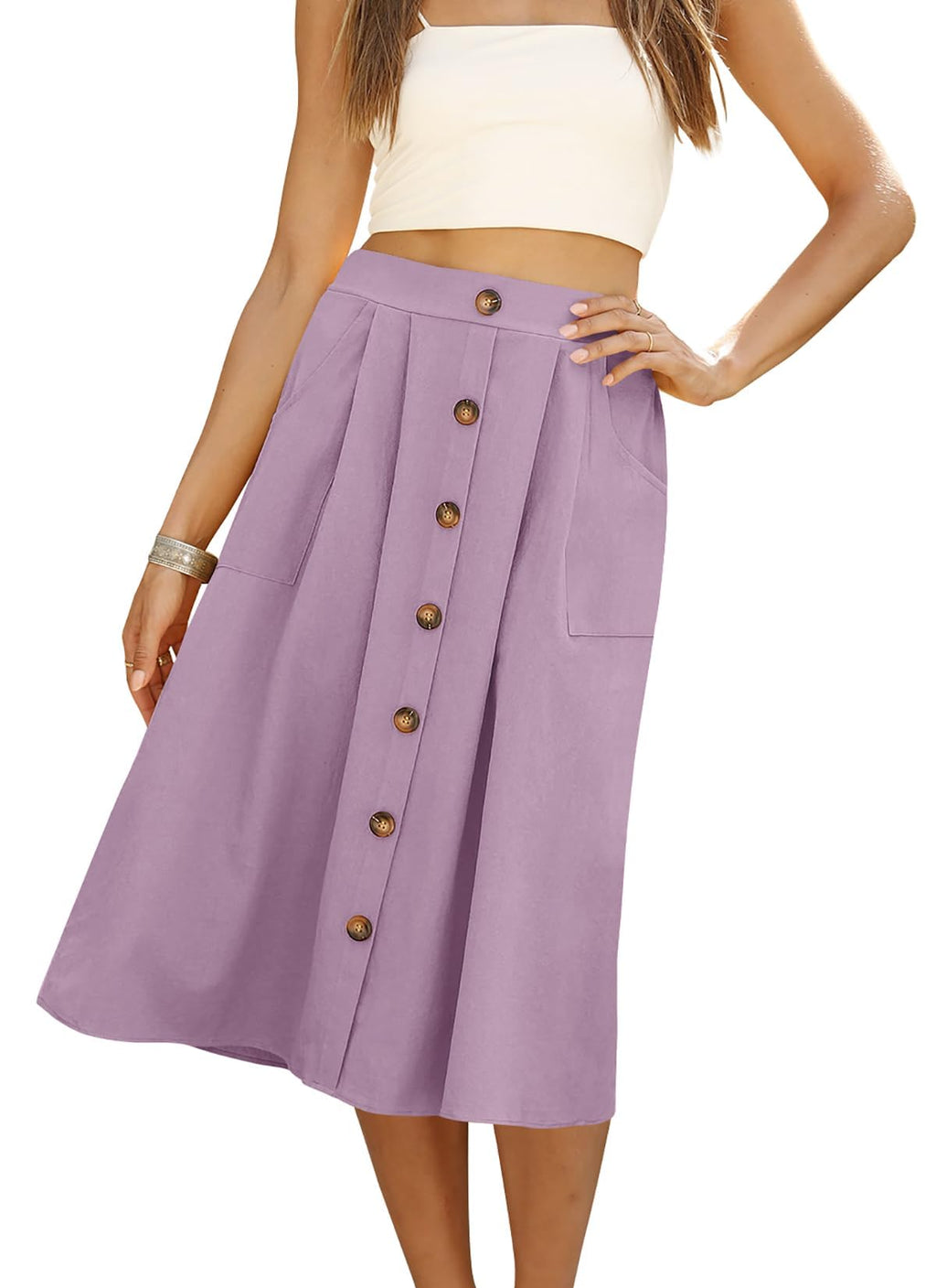 Naggoo Womens Summer Skirts Casual Front Button A-Line High Waisted Midi Skirt with Pockets