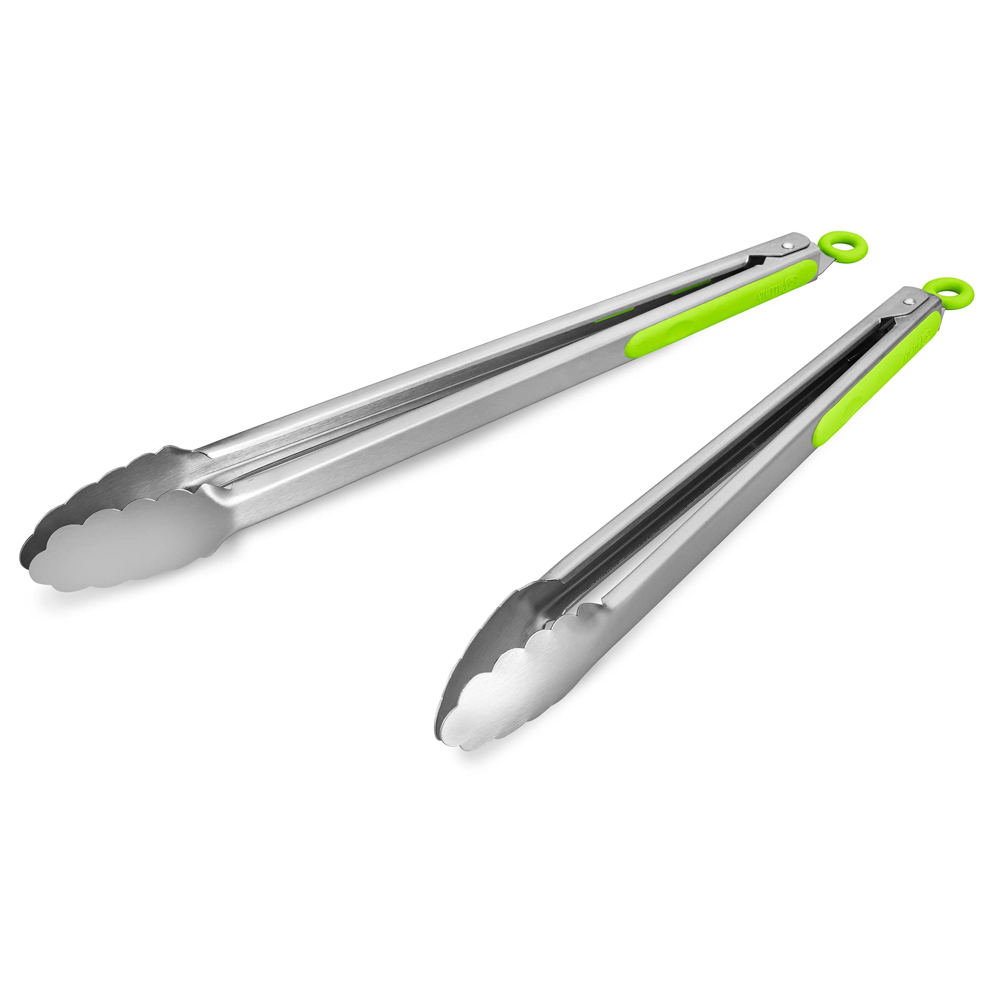 304 Stainless Steel Kitchen Cooking Tongs, 9" and 12" Set of 2 Sturdy Grilling Barbeque Brushed Locking Food Tongs with Ergonomic Grip, Black