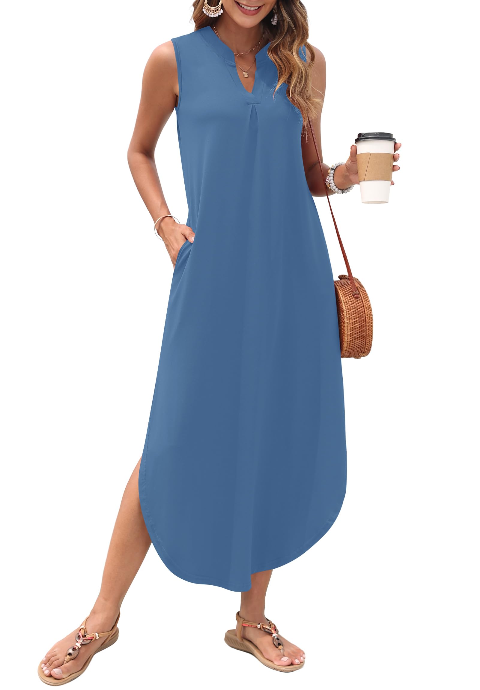 AUSELILY Womens Summer Casual Maxi Dresses 2026 Sleeveless Long Beach Dresses V Neck Loose Sundresses with Side Split Pockets