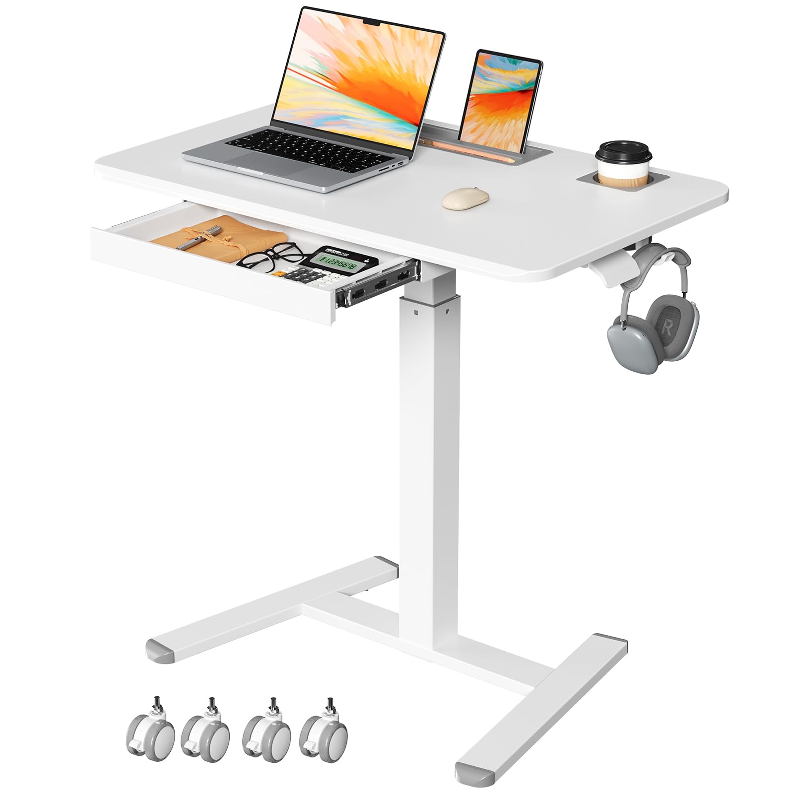 Small Mobile Standing Desk with Drawer, 23.6"x19.7" Rolling Laptop Cart on Wheels, Height Adjustable Sit Stand Computer Workstation with Storage for Compact Space, Black
