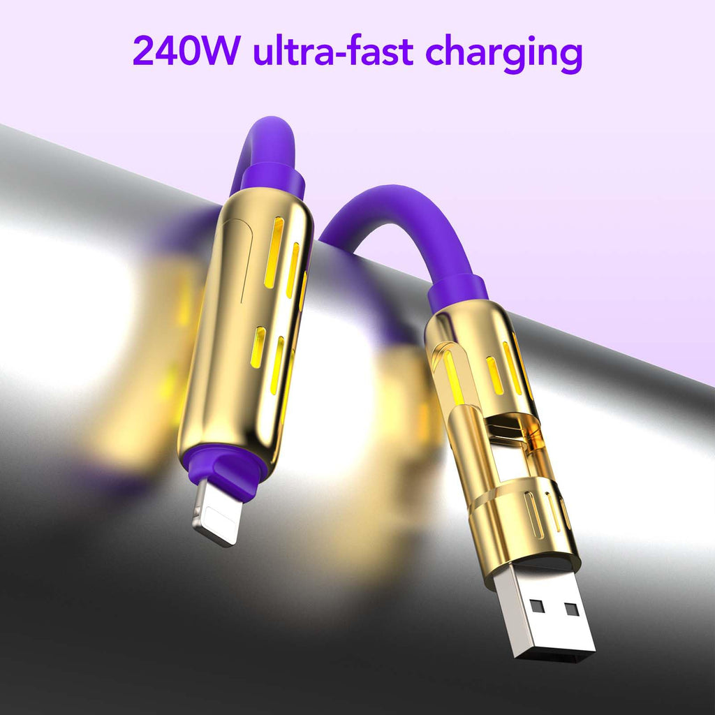 MFish 4-in-1 USB Charging Cable with Carrying Case, 240W Fast Charger Cord, USB-A & Dual USB-C to USB-C/Lightning, for iPhone 17/16/15/14, iPad, MacBook & More(Black, 3.3FT)