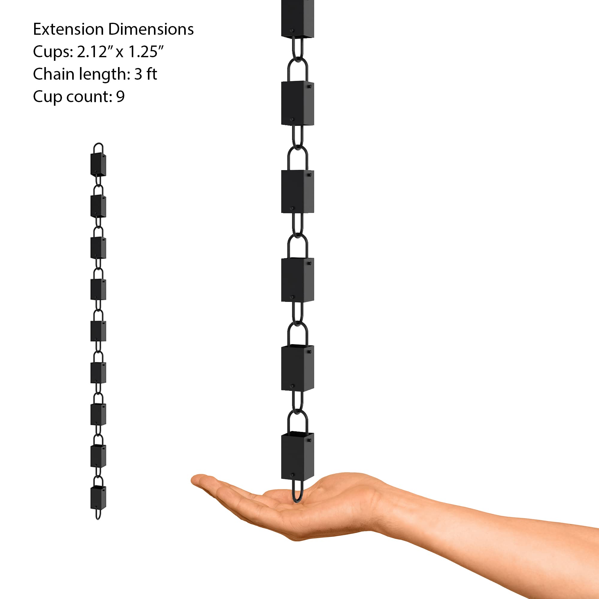 Rain Chains Direct Square Link Rain Chain Extension, 3 Feet in Length, Aluminum, Black Powder Coated, Functional and Decorative Replacement for Gutter Downspouts