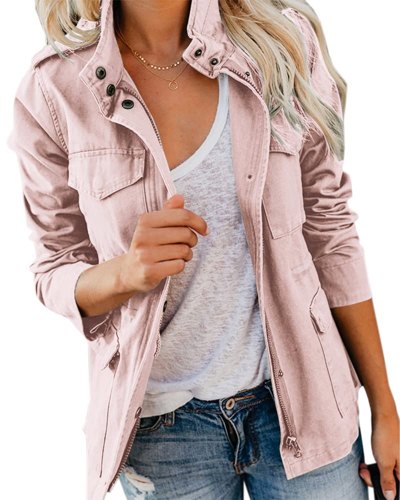 Soulomelody Women Military Anorak Jackets Zip Up Snap Buttons Parka Safari Utility Coats Outwear with Pocket