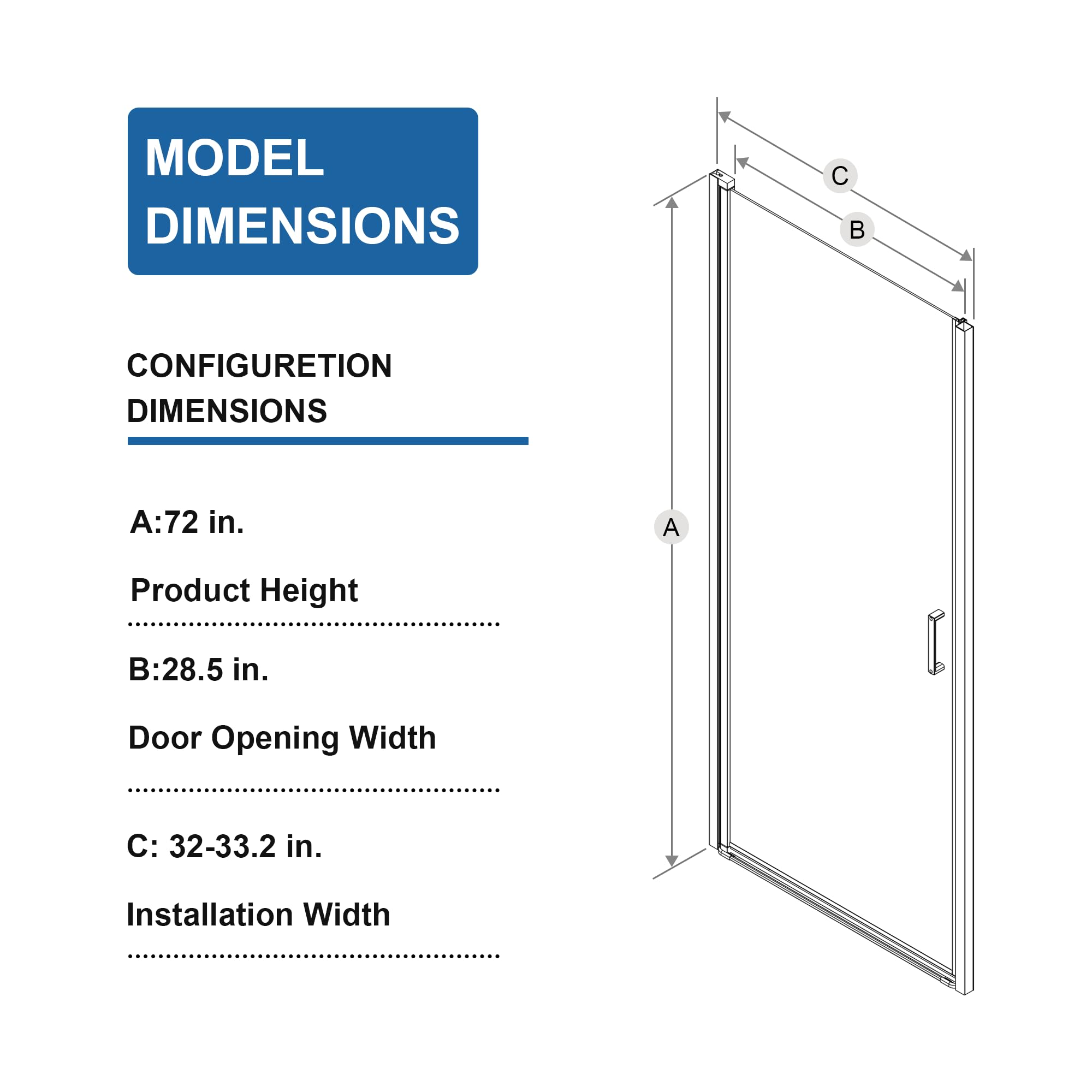 28” x 72” Pivot Shower Door, 1/4 inch Tempered Glass Panel Pivot Swing Shower Door in Matte Black Finish, Semi-Frameless Design