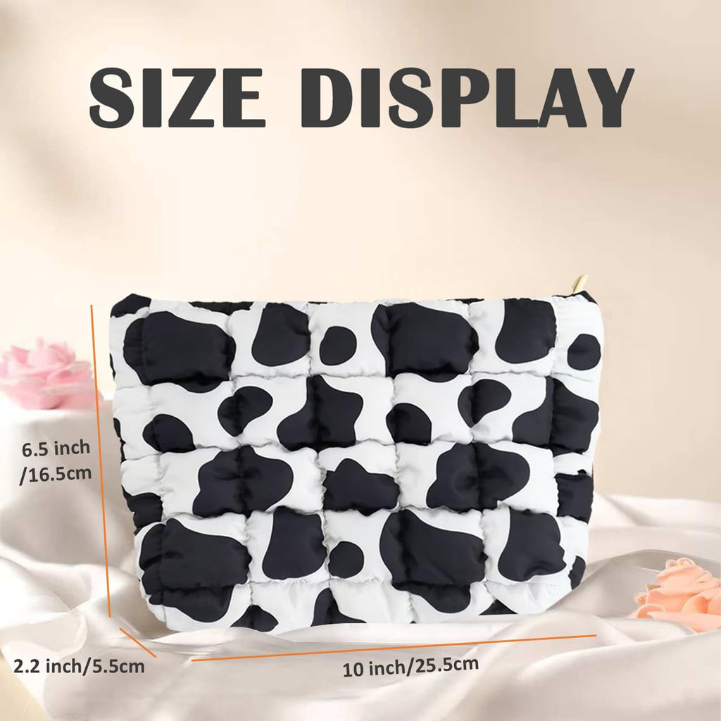 Puffy Quilted Makeup Bag for Women, Cosmetic Bag, Travel Toiletry Organizer Pouch Clutch (Black Flowers)