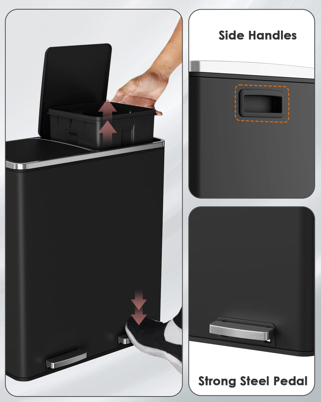 Arlopu Dual Trash Can, 2 x 8 Gallon (2 x 30 L) Hands-Free Trash and Recycle Bin Combo, Stainless Steel Kitchen Garbage Can with Soft-Close Lid, Removable Inner Buckets, Step Pedal, Airtight (Black)