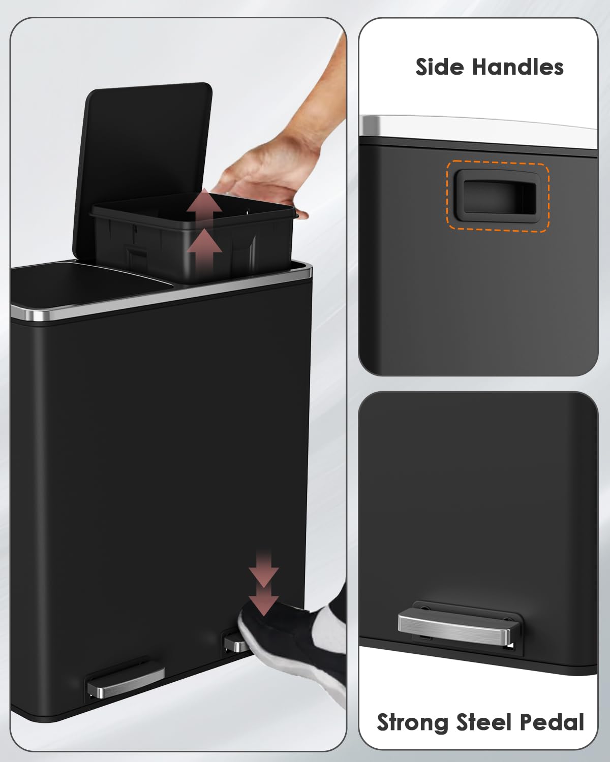 Arlopu Dual Trash Can, 2 x 8 Gallon (2 x 30 L) Hands-Free Trash and Recycle Bin Combo, Stainless Steel Kitchen Garbage Can with Soft-Close Lid, Removable Inner Buckets, Step Pedal, Airtight (Black)