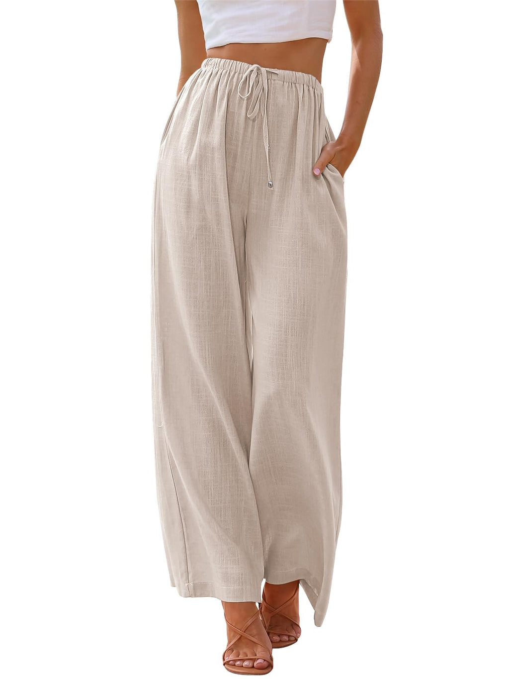 LILLUSORY Women's Linen Summer Palazzo Pants Flowy Wide Leg Beach Pants with Pockets