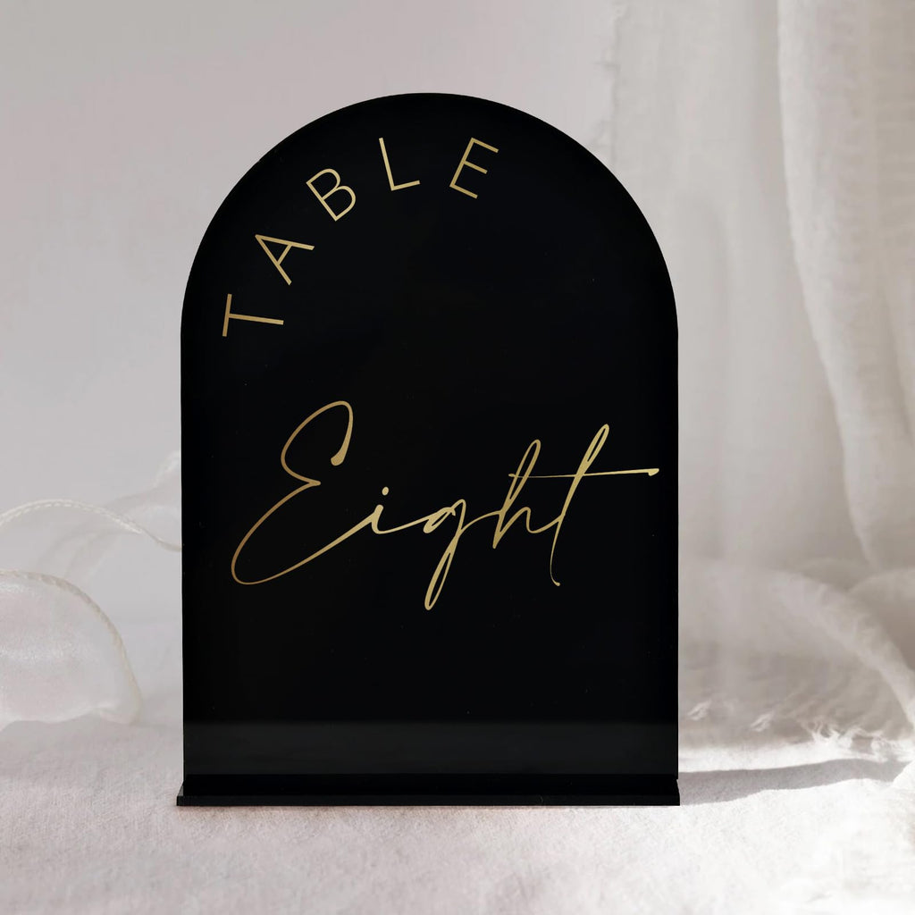 Black Arched Wedding Table Numbers 1-10 with Stands, 5x7 Inch Black Arch Acrylic Sign with Gold Letters, Acrylic Table Numbers for Wedding Reception
