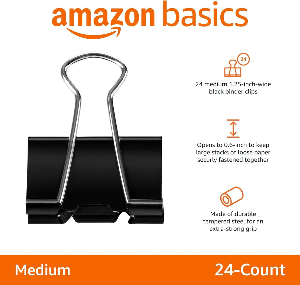 Amazon Basics Sturdy Binder Clips for Office Use, 96 Count, Medium, 1.25 in, Black (Pack of 12)