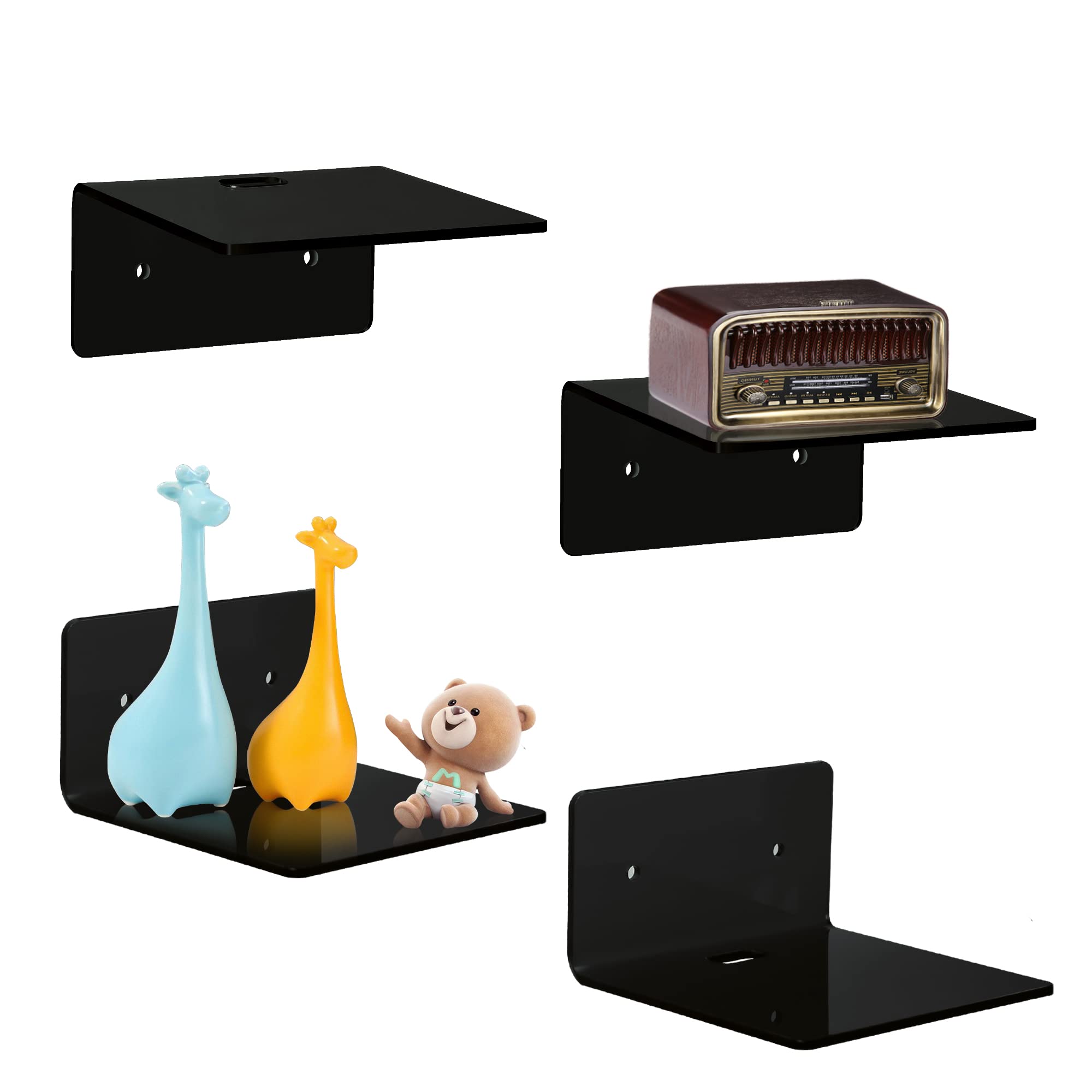 4 Pack Small Acrylic Floating Shelves, 4'' Acrylic Wall Shelves Display Ledges for Storage & Decoration, Mini Shelves for Wall with 2 Types of Installation (Adhesive or Screw)