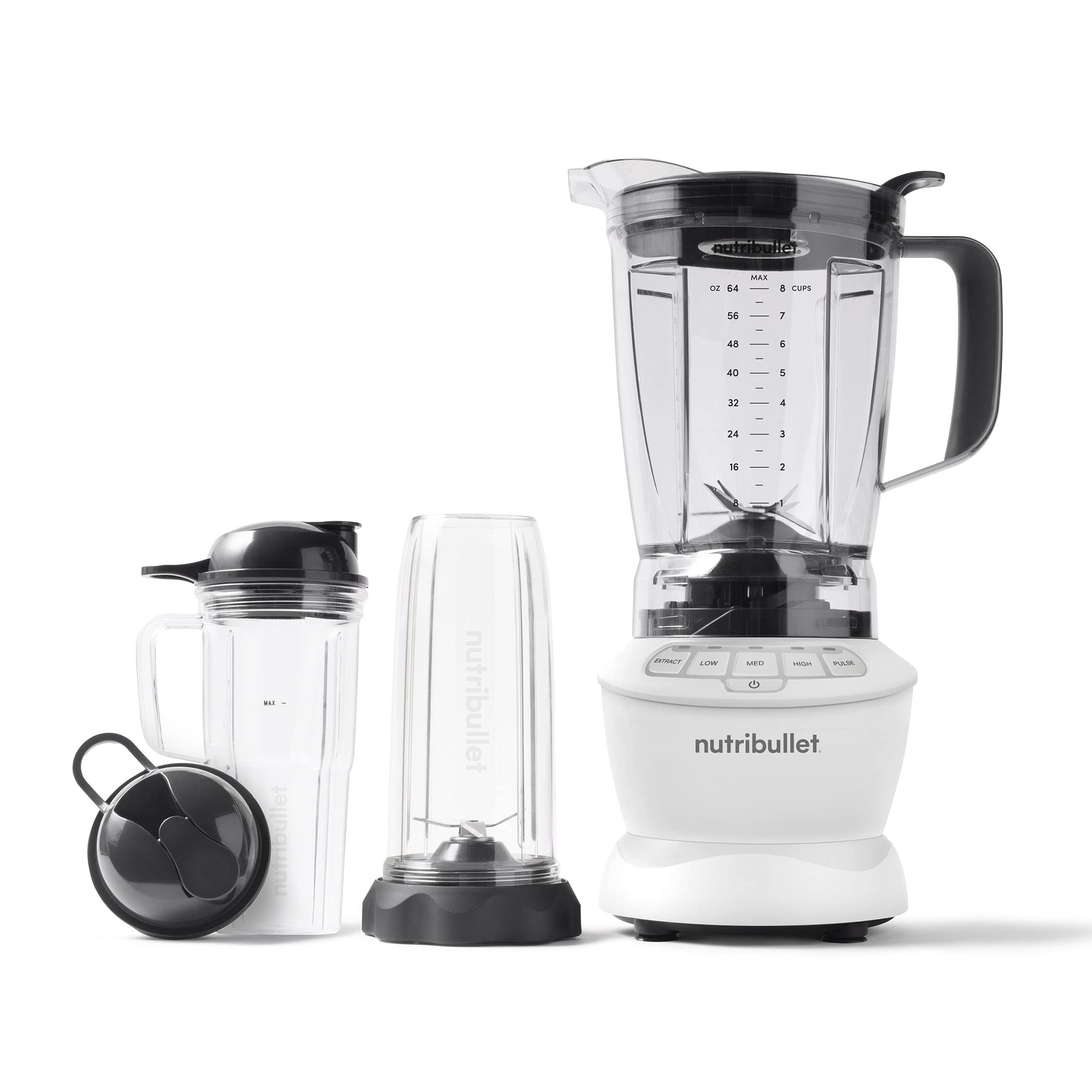 nutribullet Full-Size Blender Combo, Single-Serve & Large Capacity, 1200W, 64oz Pitcher, 32oz Cup, Extractor Blade, 3-Speed, Pulse, Smoothies, Soups, Sauces, Easy Cleaning, Matte Black, NBF50500AK