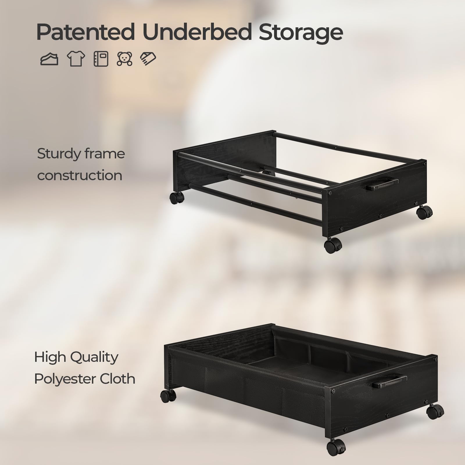 FOUCSSOMEI Under Bed Storage with Wheels, Wooden Under Bed Drawers On Wheels, Rolling Under Bed Shoe Storage, Space Saving, Black,30L