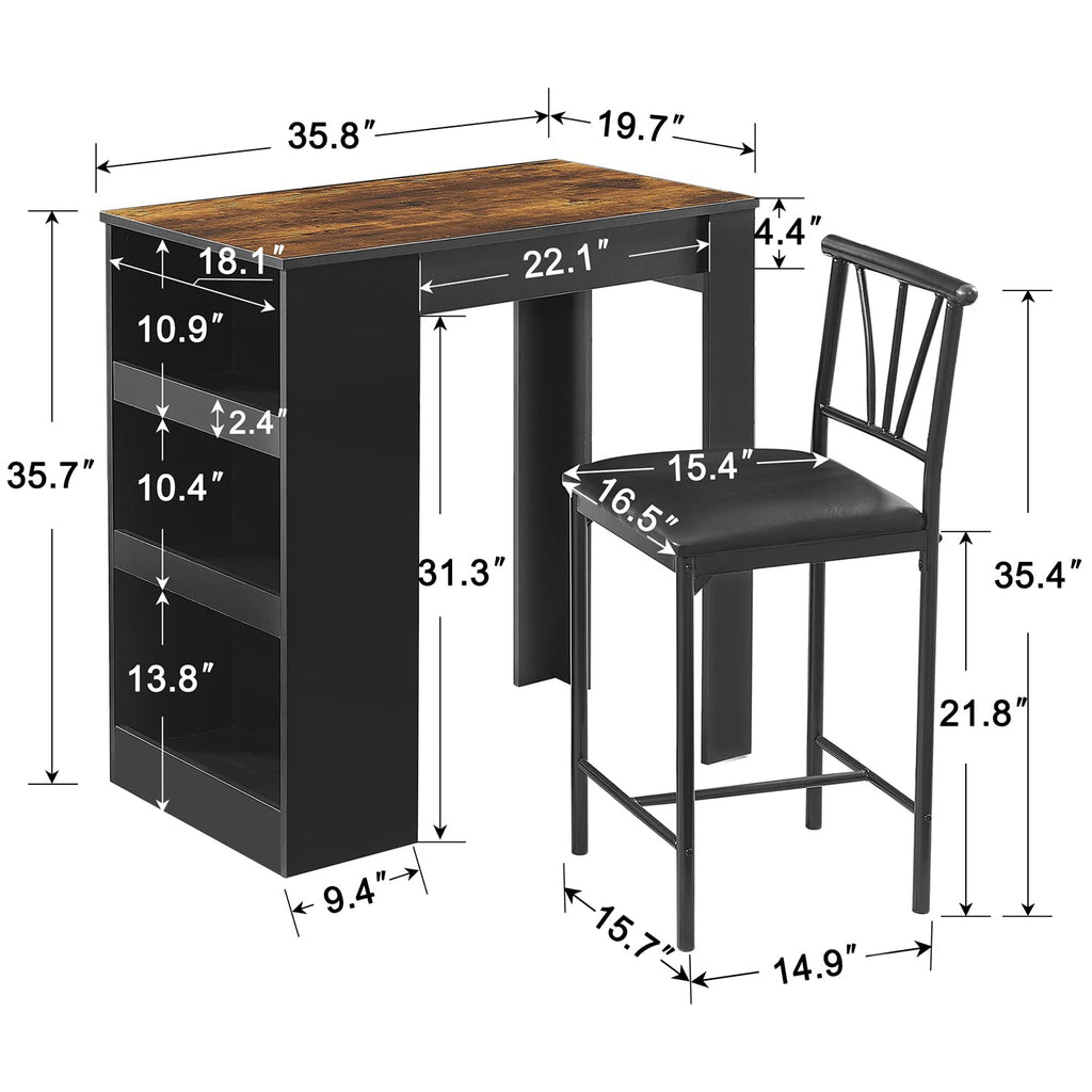 VECELO Small Bar Table and Chairs Tall Kitchen Breakfast Nook with Stools/Dining Set for 2, Storage Shelves, Space-Saving, Gray