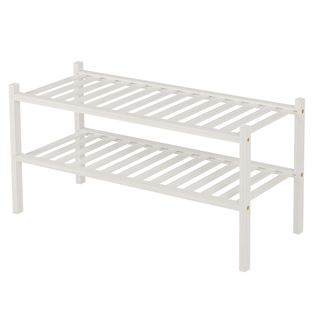 ROMGUAR CRAFT 2-Tier Bamboo Long Shoe Rack, Free Standing Wood Shoe Shelf Storage Organizer for Closet Entryway Stackable 35"x11"x13" (Black)