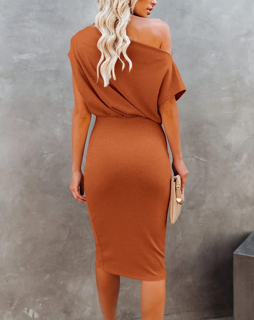 EZBELLE Women's Summer Dress Off The Shoulder Short Sleeve Ribbed Casual Party Bodycon Midi Dresses