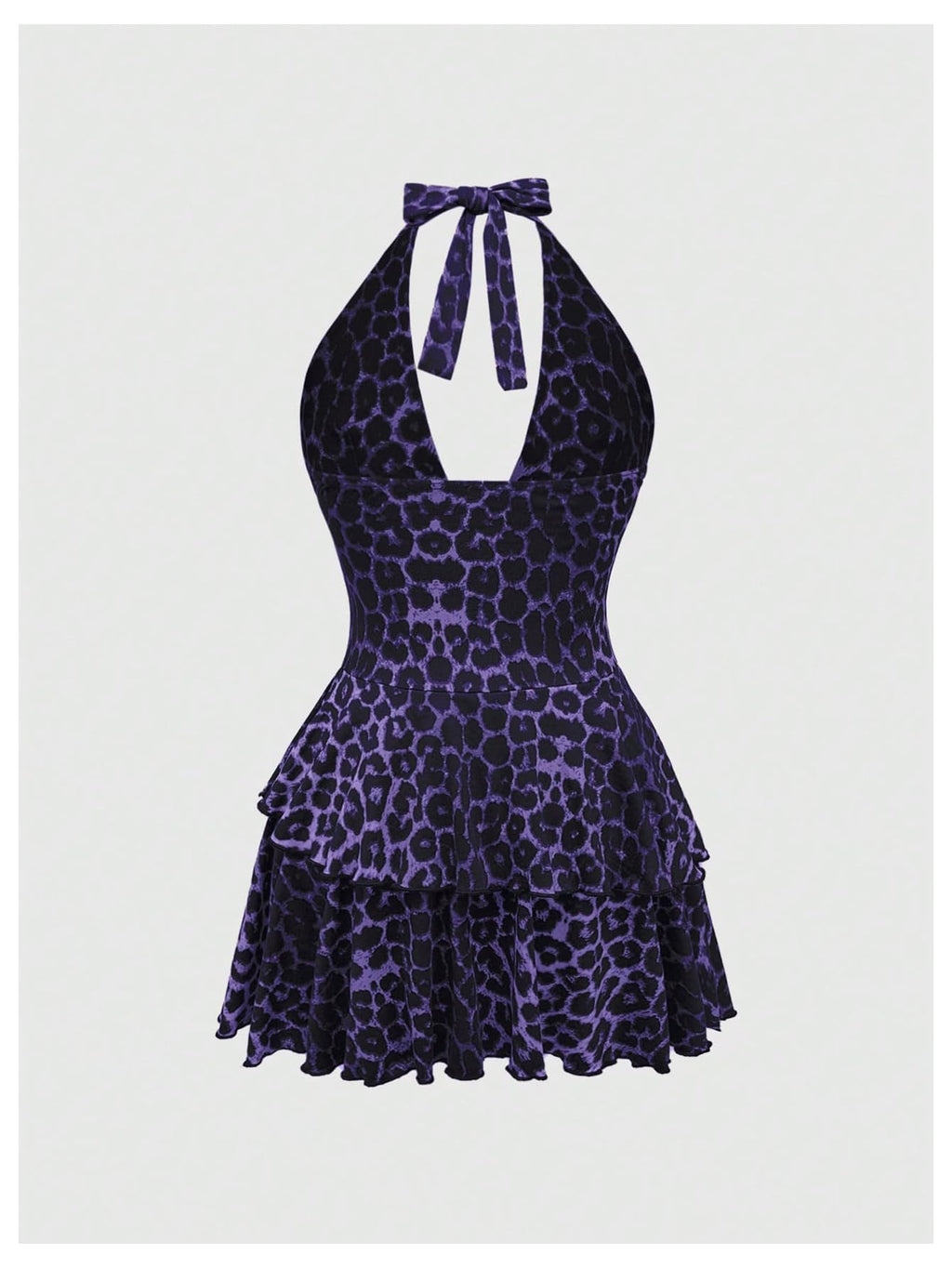 SOLY HUX Women's Plus Size Leopard Print Halter Dress Y2k Gothic Deep V Cheetah Tie Backless Layered Ruffle Mini Dresses
