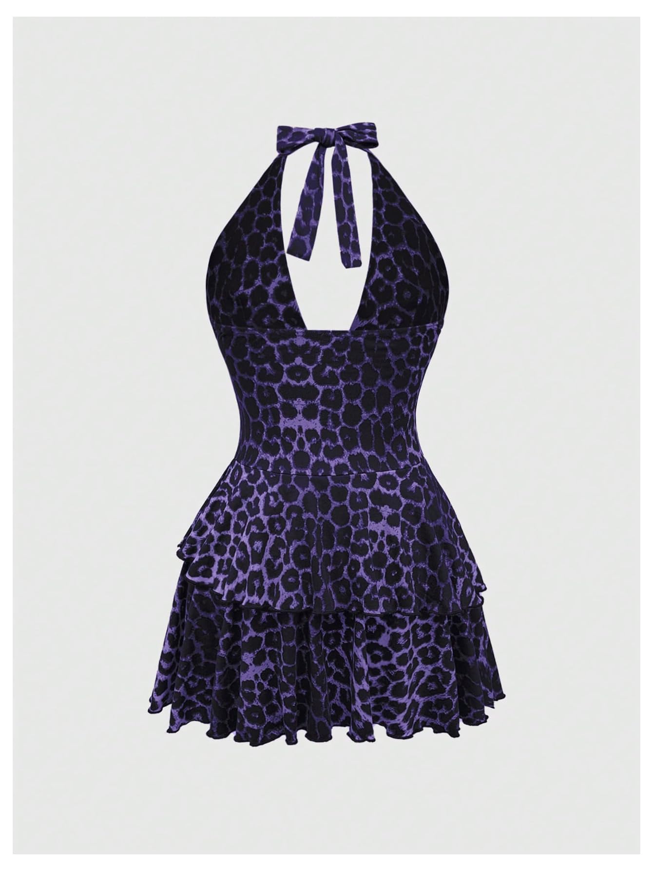 SOLY HUX Women's Plus Size Leopard Print Halter Dress Y2k Gothic Deep V Cheetah Tie Backless Layered Ruffle Mini Dresses