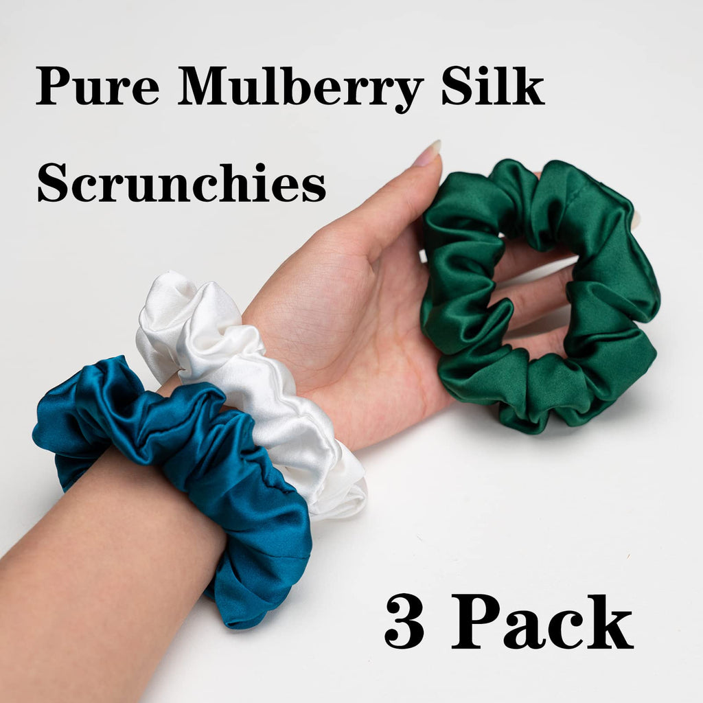 Silk Scrunchies for Hair 100% Mulberry Silk Hair Ties（Silver gray, Dark gray, Pink）