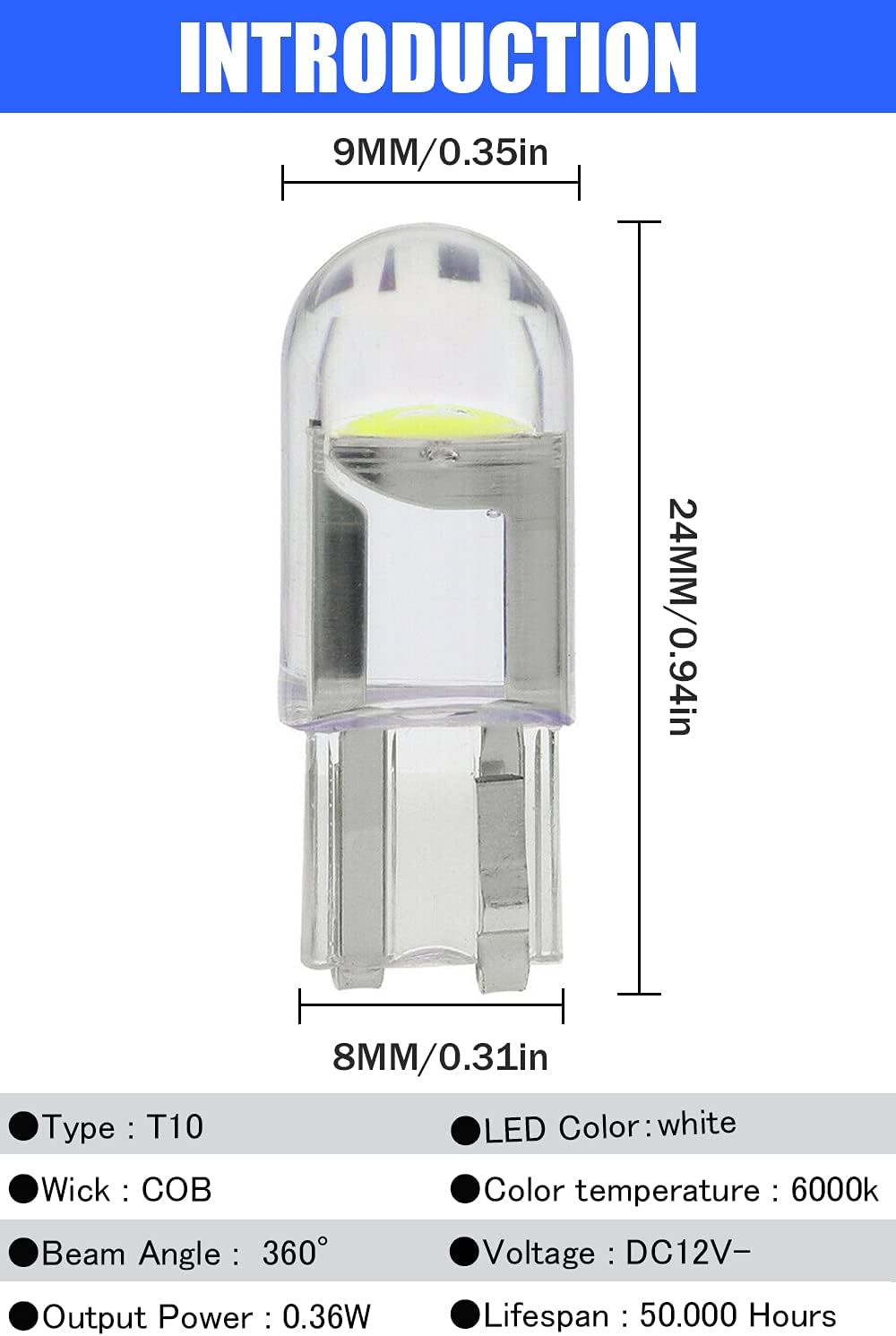 194 LED Light Bulb White 6000K Pack of 30, 168 2825 W5W T10 Wedge COB Bulbs Error Free for Car Dome Map Door Courtesy License Plate