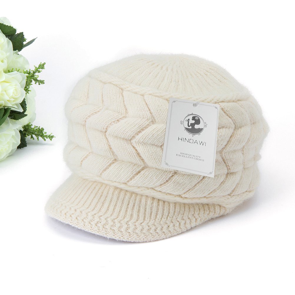 Women Winter Warm Knit Hat Wool Snow Ski Caps with Visor