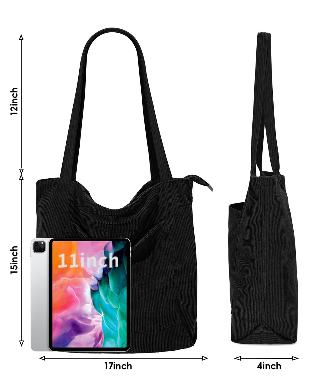 Iioscre Corduroy Tote Bag for Women,Hobo HandBags with Zipper,Large Capacity Casual Shoulder Handbags with Inner Pockets
