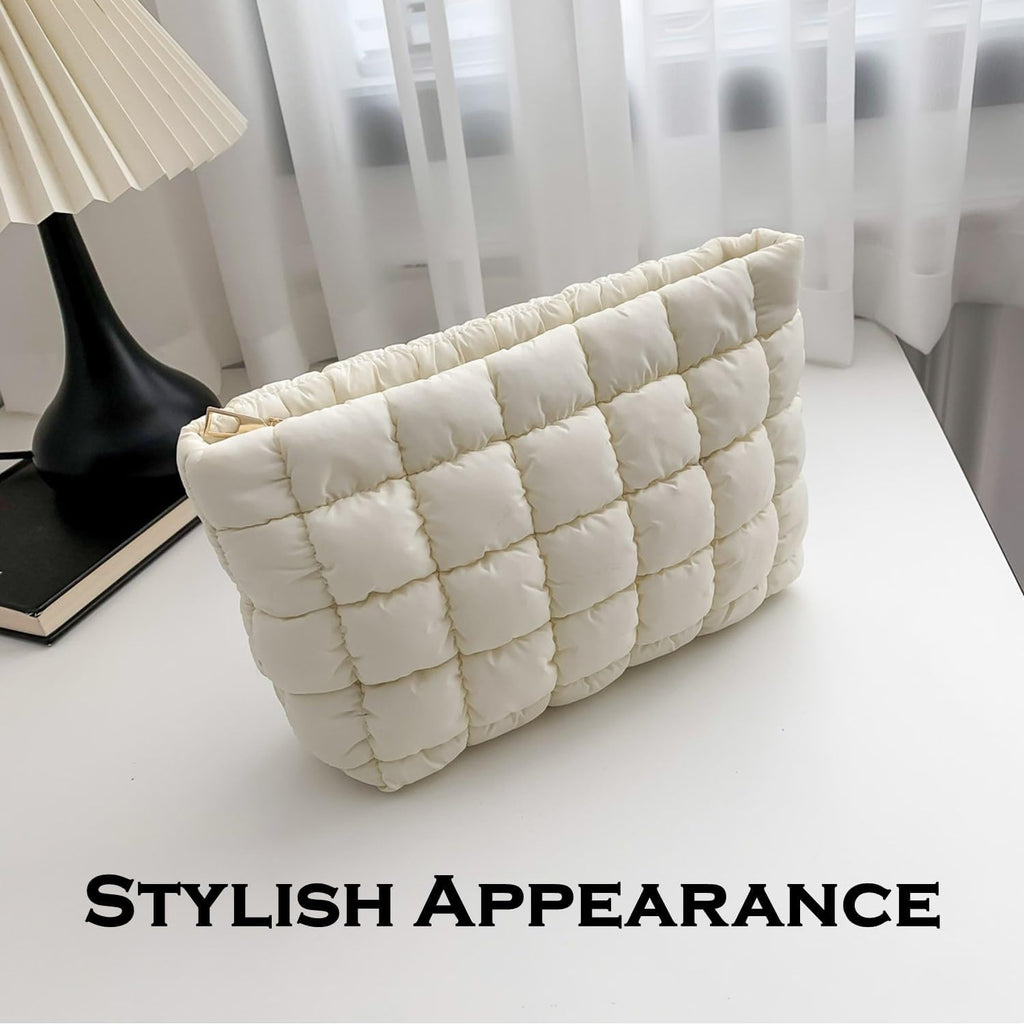 Puffy Quilted Makeup Bag for Women, Cosmetic Bag, Travel Toiletry Organizer Pouch Clutch (Black Flowers)