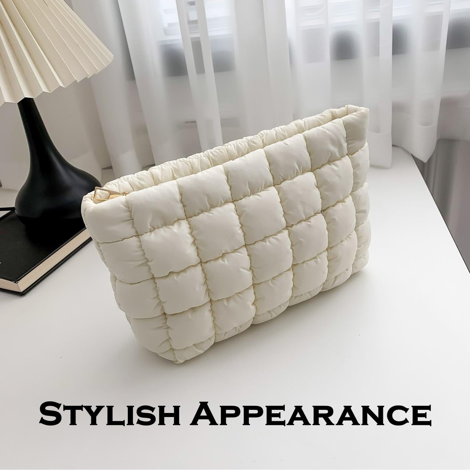 Puffy Quilted Makeup Bag for Women, Cosmetic Bag, Travel Toiletry Organizer Pouch Clutch (Black Flowers)