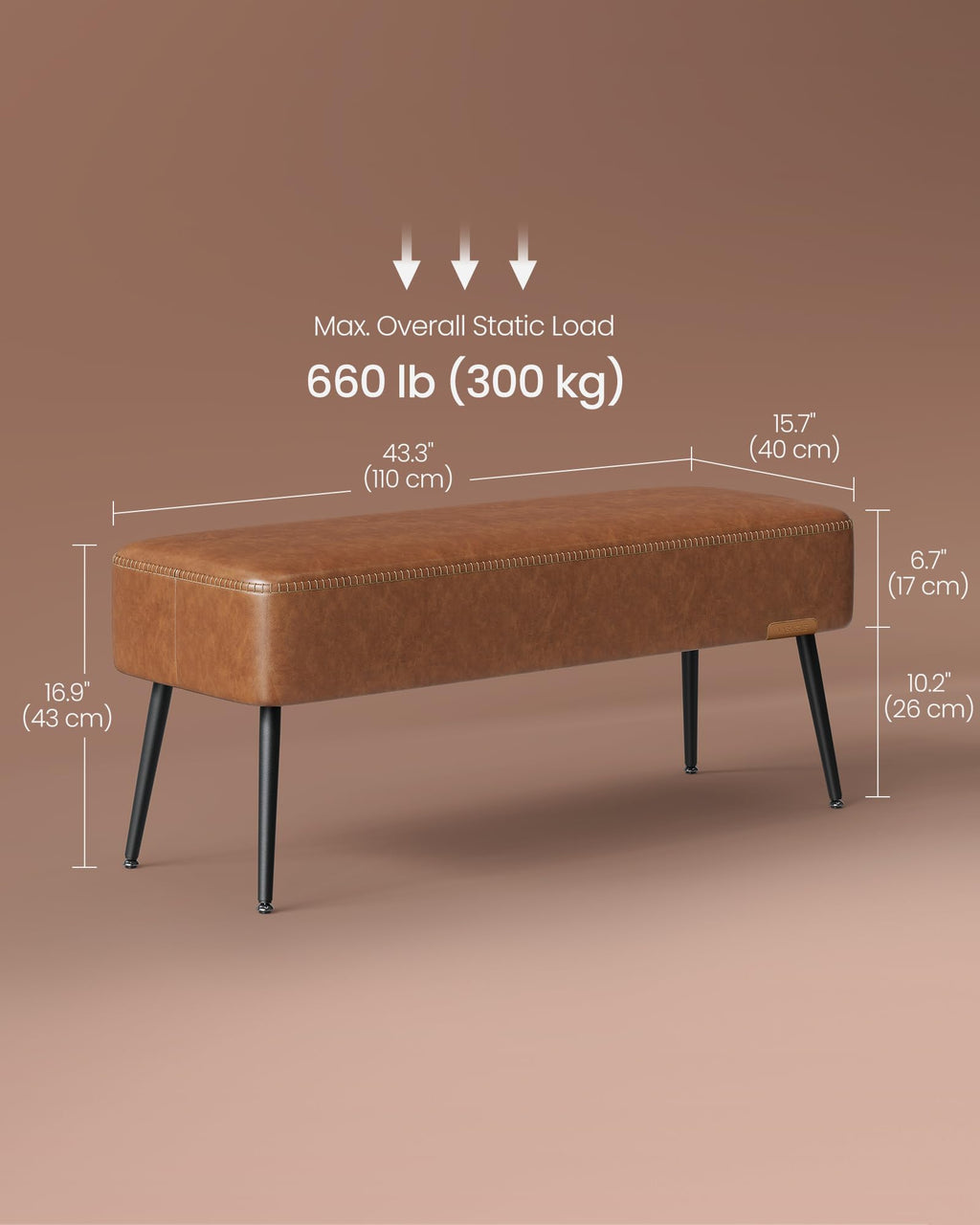VASAGLE EKHO Collection - Storage Ottoman Bench, Entryway Bedroom Bench, 15 Gallons, Synthetic Leather with Stitching, Mid-Century Modern, Safety Hinges, Loads 660 lb, Caramel Brown ULOM074K01
