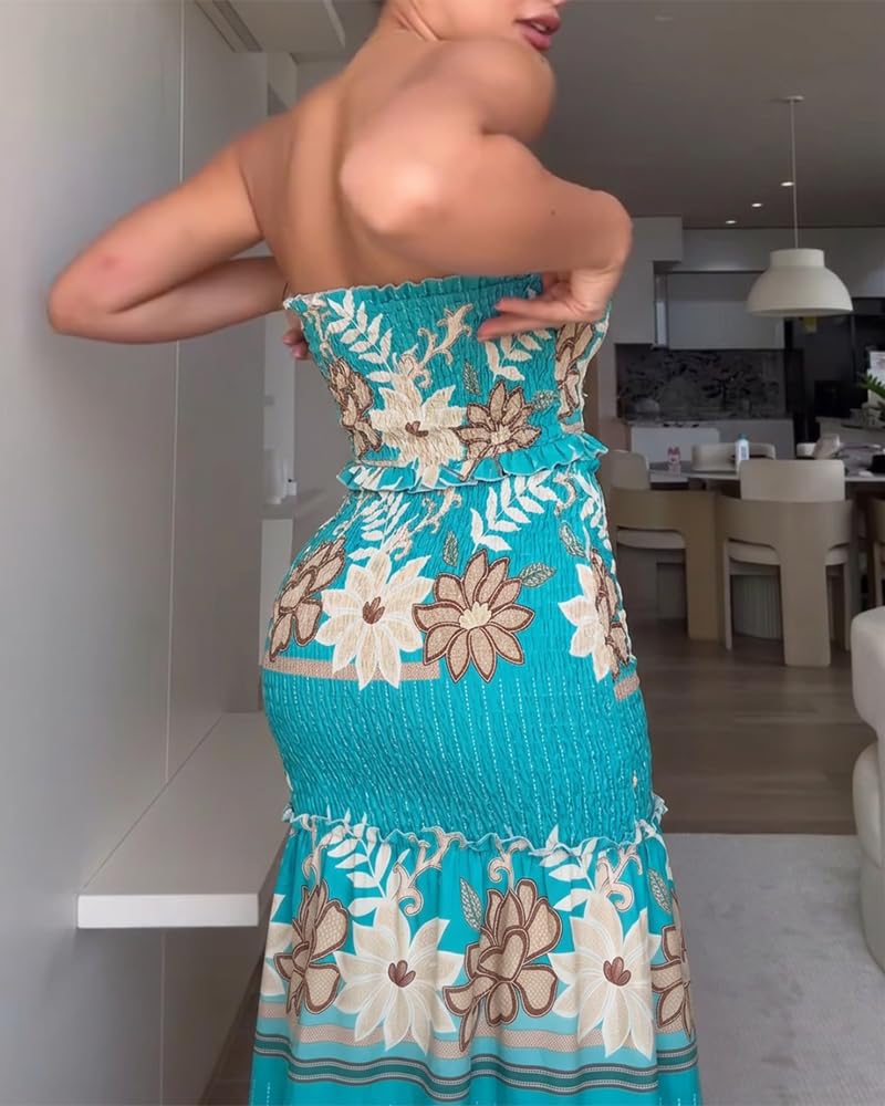 CHICME Floral Printed Vacation Dress Halter Tie Ruched Shirred Bandeau Party Dress Slim Ruffle Hem Wedding Guest Dress
