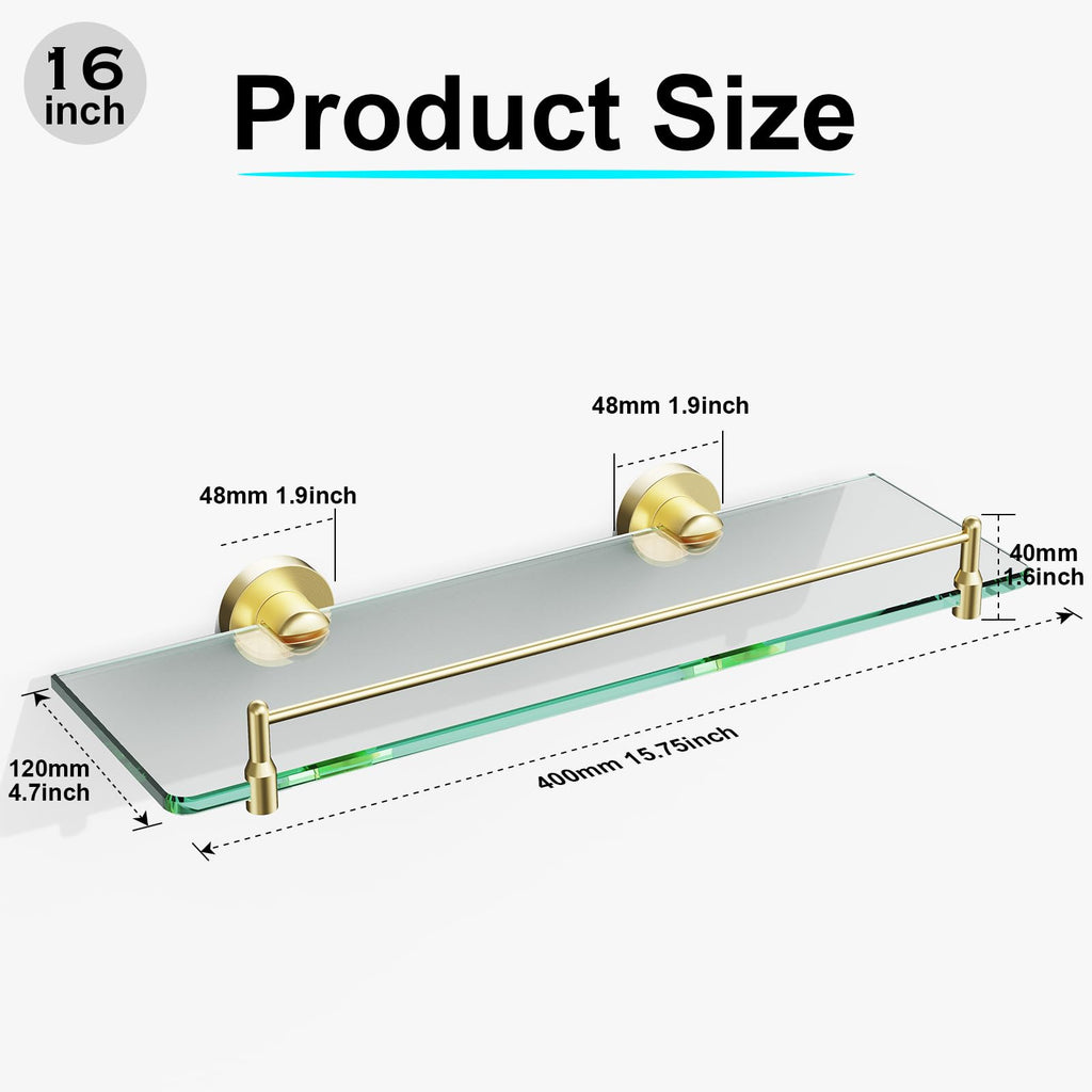 Glass Bathroom Shelves,Brushed Gold Floating Shelves for Wall Rectangular Modern Stainless Steel Glass Shelf for Bathroom Shelves wall Mounted 16 Inch