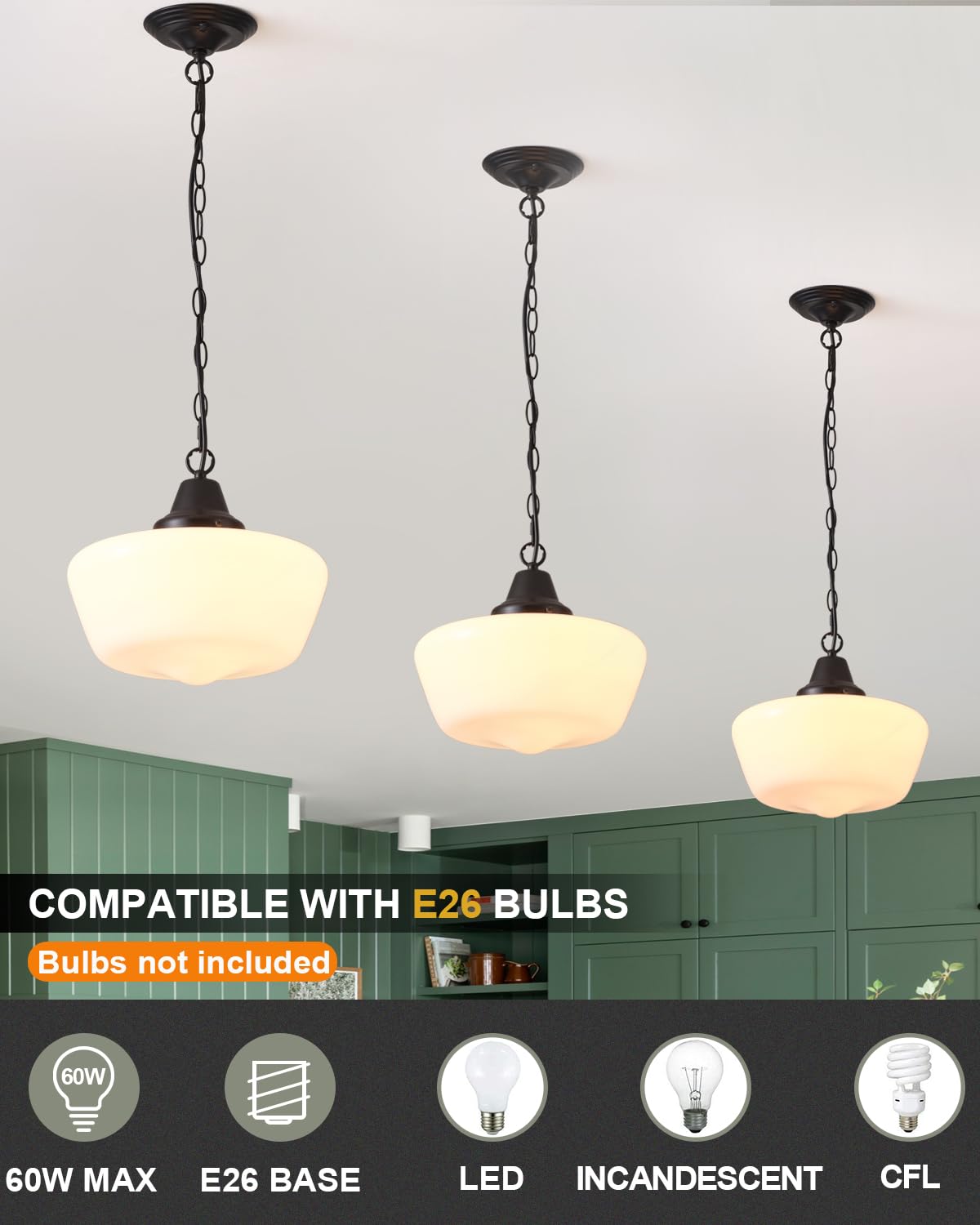 Schoolhouse Light Fixture, 12 Inch Black Finish with Milk Glass Semi Flush Mount Ceiling Light, Ceiling Light Fixture for Kitchen Hallway Entryway (Type C Pendant Light)