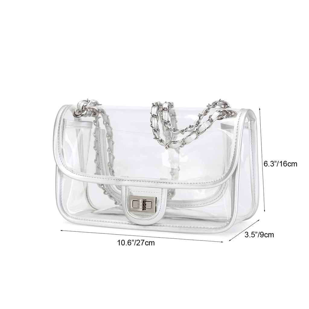 Womens PVC Clear Purse Handbag with Chain Stadium Approved Clear Bag See Through Bag for Working and Concert
