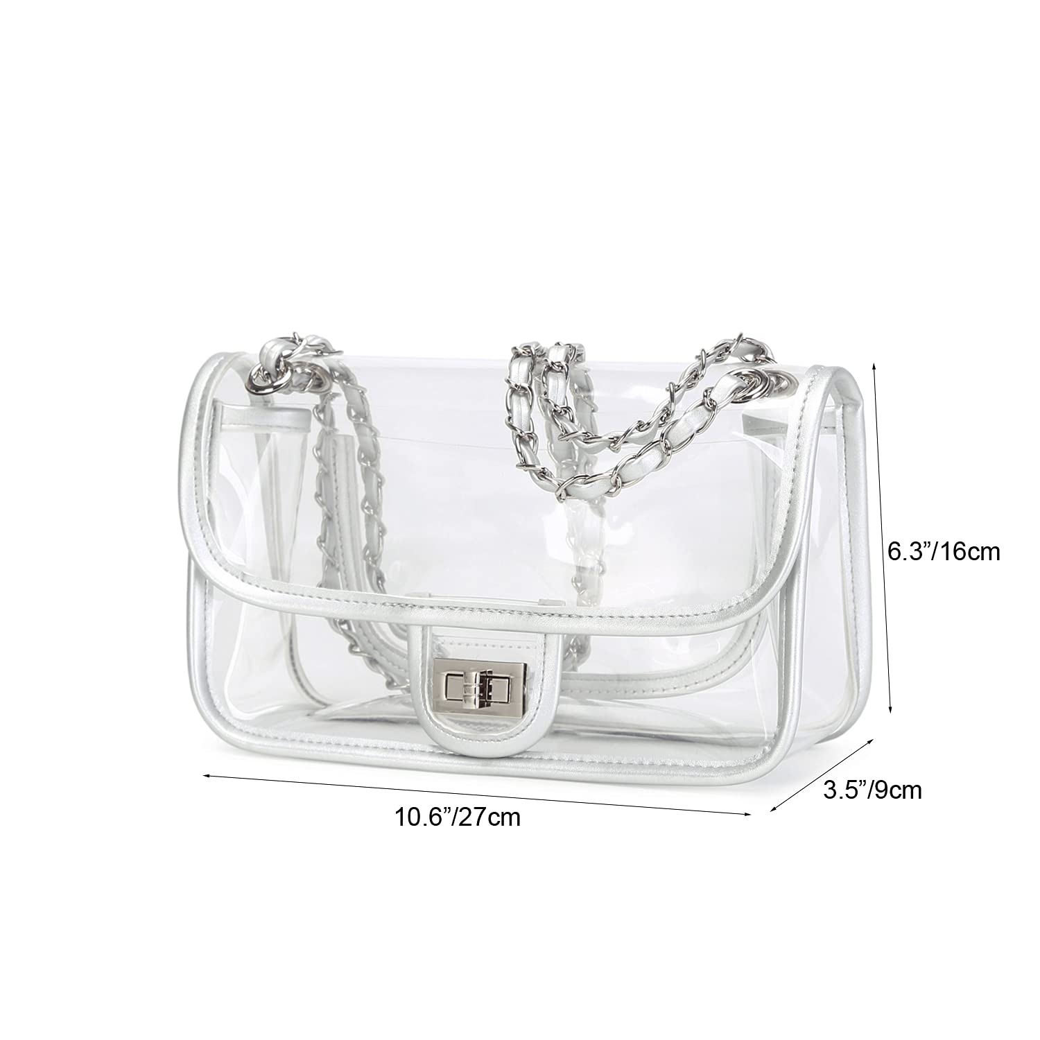 Womens PVC Clear Purse Handbag with Chain Stadium Approved Clear Bag See Through Bag for Working and Concert