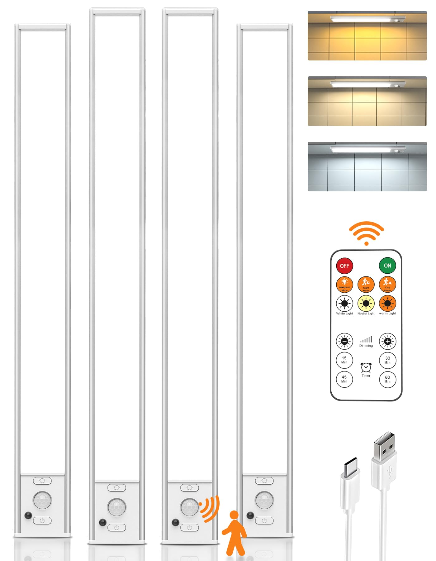 9" Under Cabinet Lights Wireless, Motion Sensor Light Indoor with Remote, LED Rechargeable Closet Light, 3 Color Temps, Dimmable, Magnetic, Under Counter Lights for Kitchen, Stairs, Pantry, Hallway