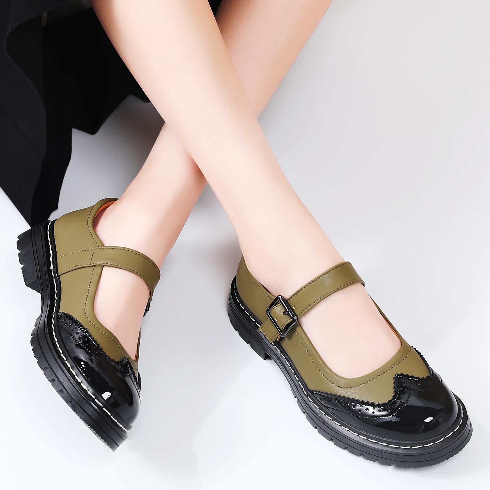 Mary Jane Shoes Women Platform Non-Slip Classics Round Toe Ankle Strap Comfort Casual Oxford Dress Work Mary Jane Flat Shoes